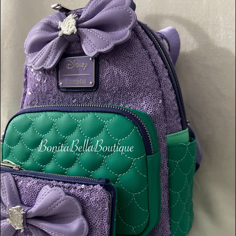 2022 Loungefly Ariel Princess Sequin Series Mini Backpack WAllet set
